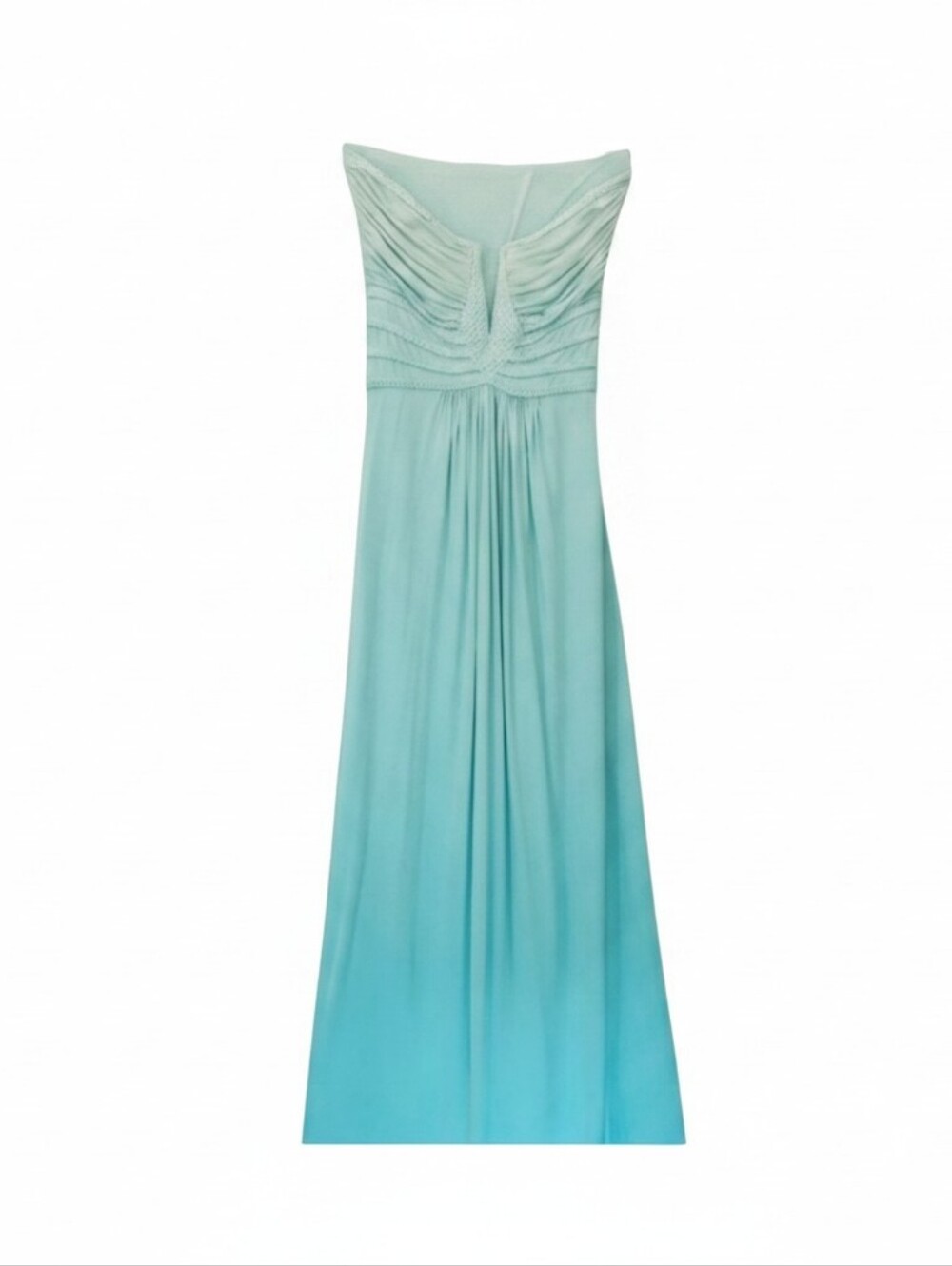Strapless Greek Goddess Empire Waist Mint Ombre Flowy Ruched Maxi Dress sz small